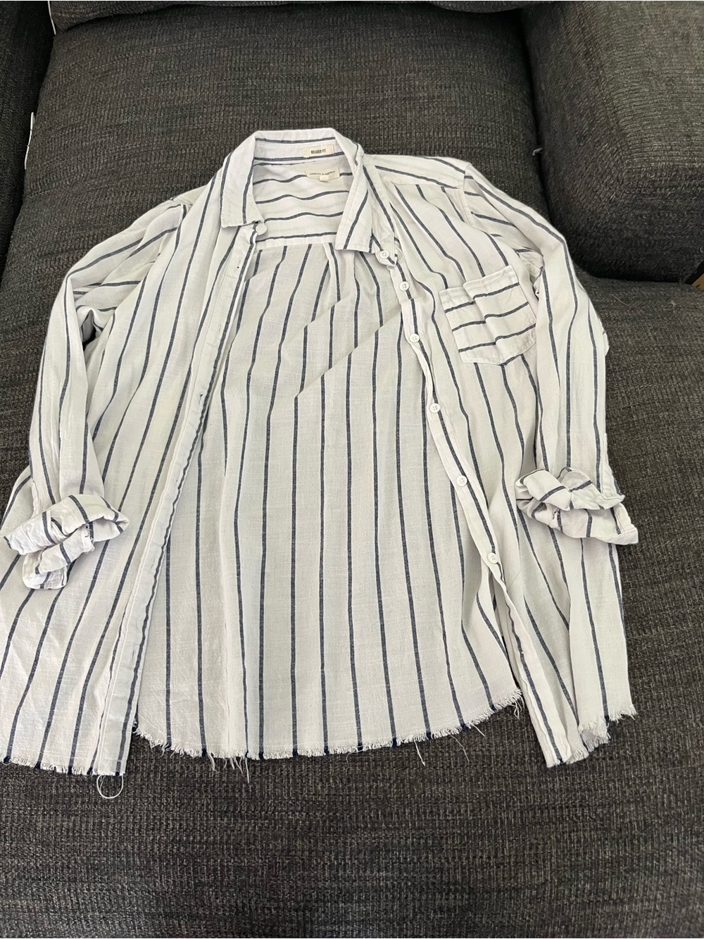 Thread & Supply White Button-Down Shirt with Navy Stripes